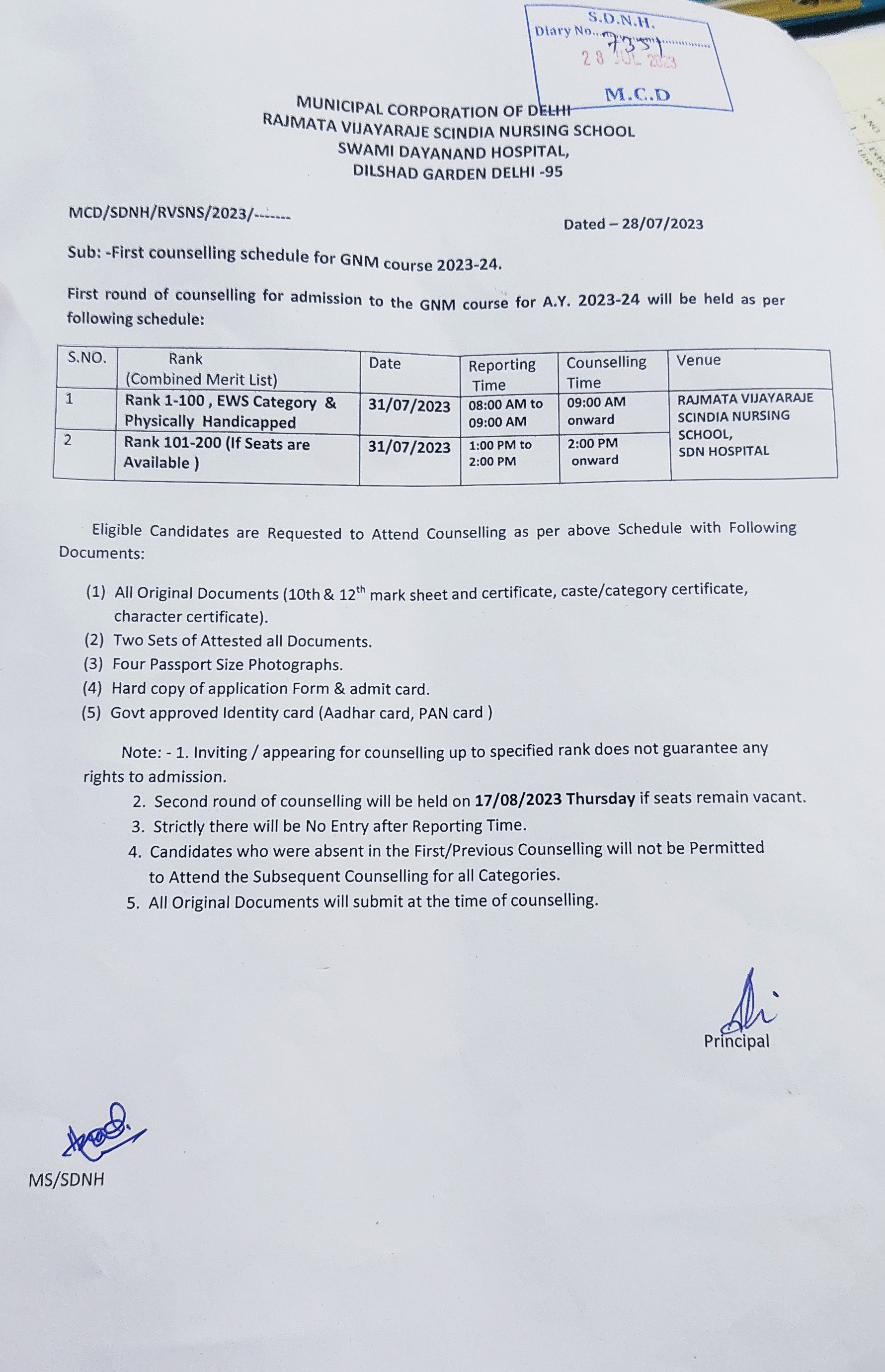 First counselling schedule for GNM course 2023-24 in SDN Hospital